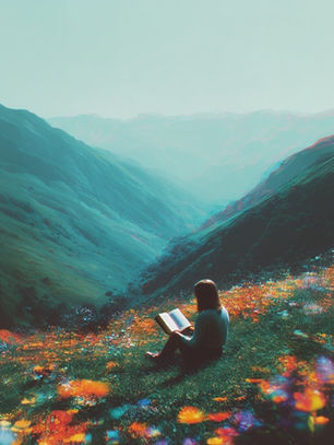 Person reading on a colorful, flower-covered hillside with mountains in the background; serene and peaceful atmosphere.