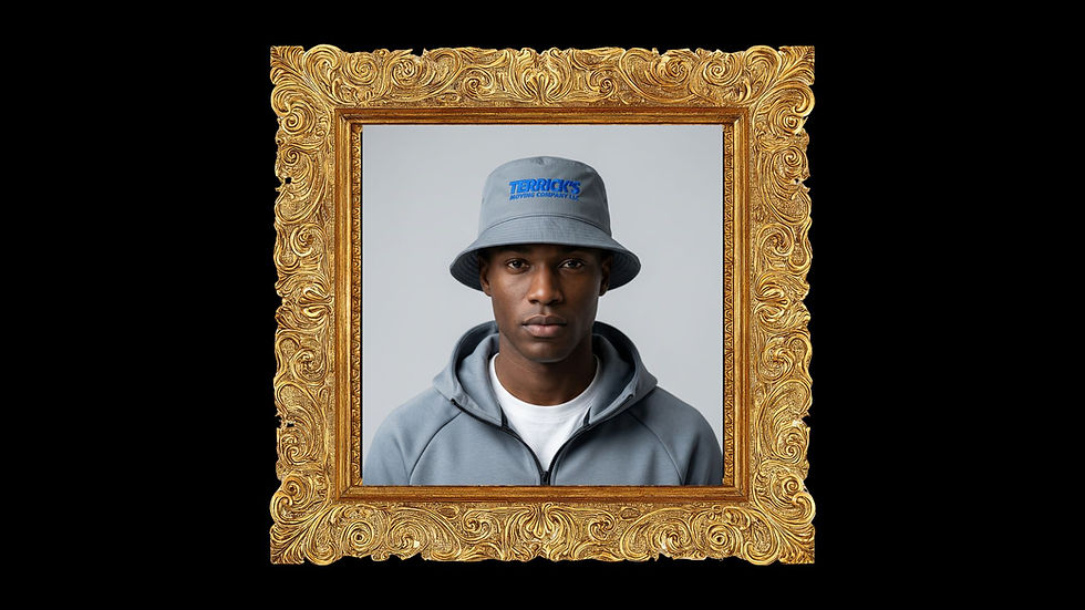 Man in a gray bucket hat with blue text, "TERRICK'S," wearing a gray hoodie. Set in an ornate gold frame against a black backdrop. Calm expression.