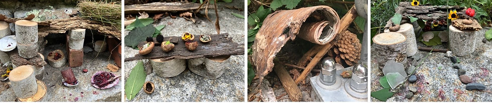 Examples of some fairy houses built at the Growing Center by kids (and kids at heart) during the Gathering of the Fairies.