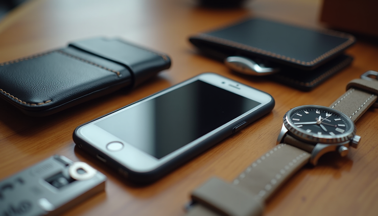 Eye-level view of a neatly organized everyday carry setup on a wooden table including a phone, wallet, keys, watch, and multitool