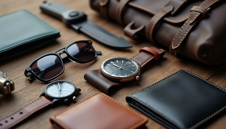Eye-level view of a compact everyday carry setup arranged on a wooden table