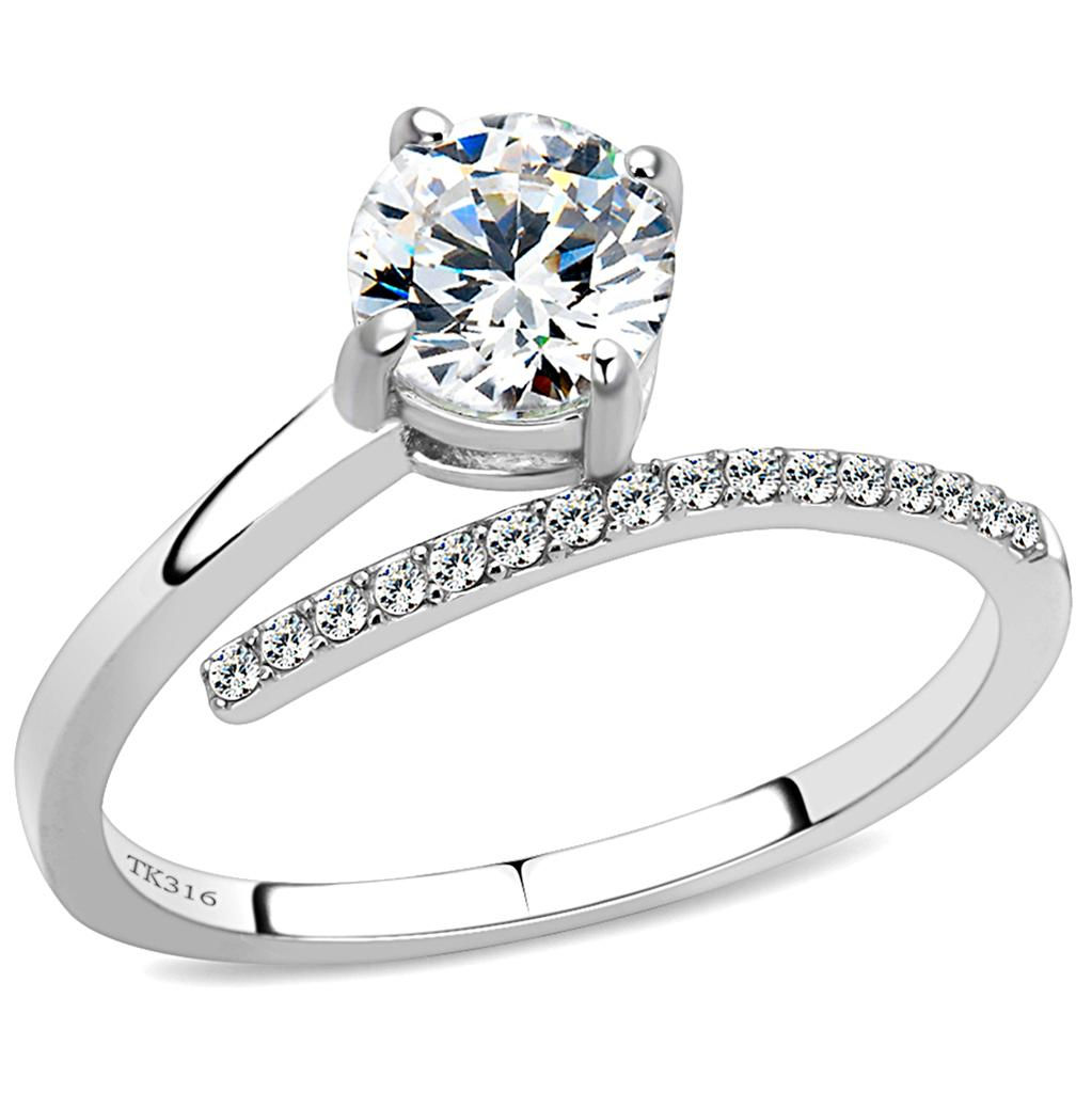 A sophisticated solitaire ring with sparkling side stones set in white gold. Elegant and timeless design.