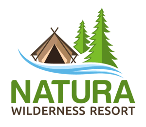 Natura logo - picture of a tent, trees, and water with the name of the resort.