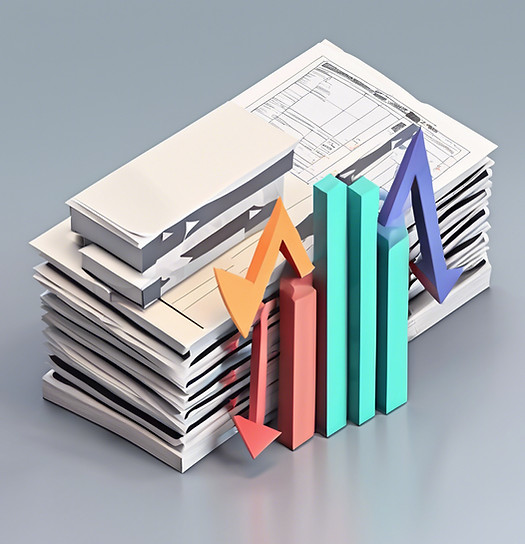 stack of files in the background. Graphic line showing high cost in front of the file visu