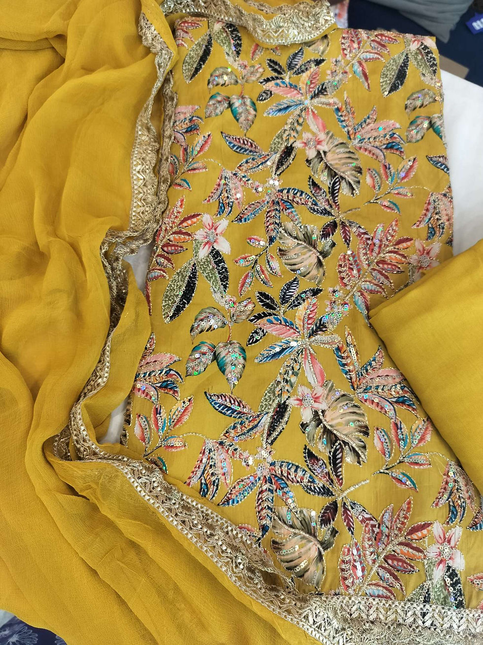 Thumbnail: Pure crape jari work unstitched suits