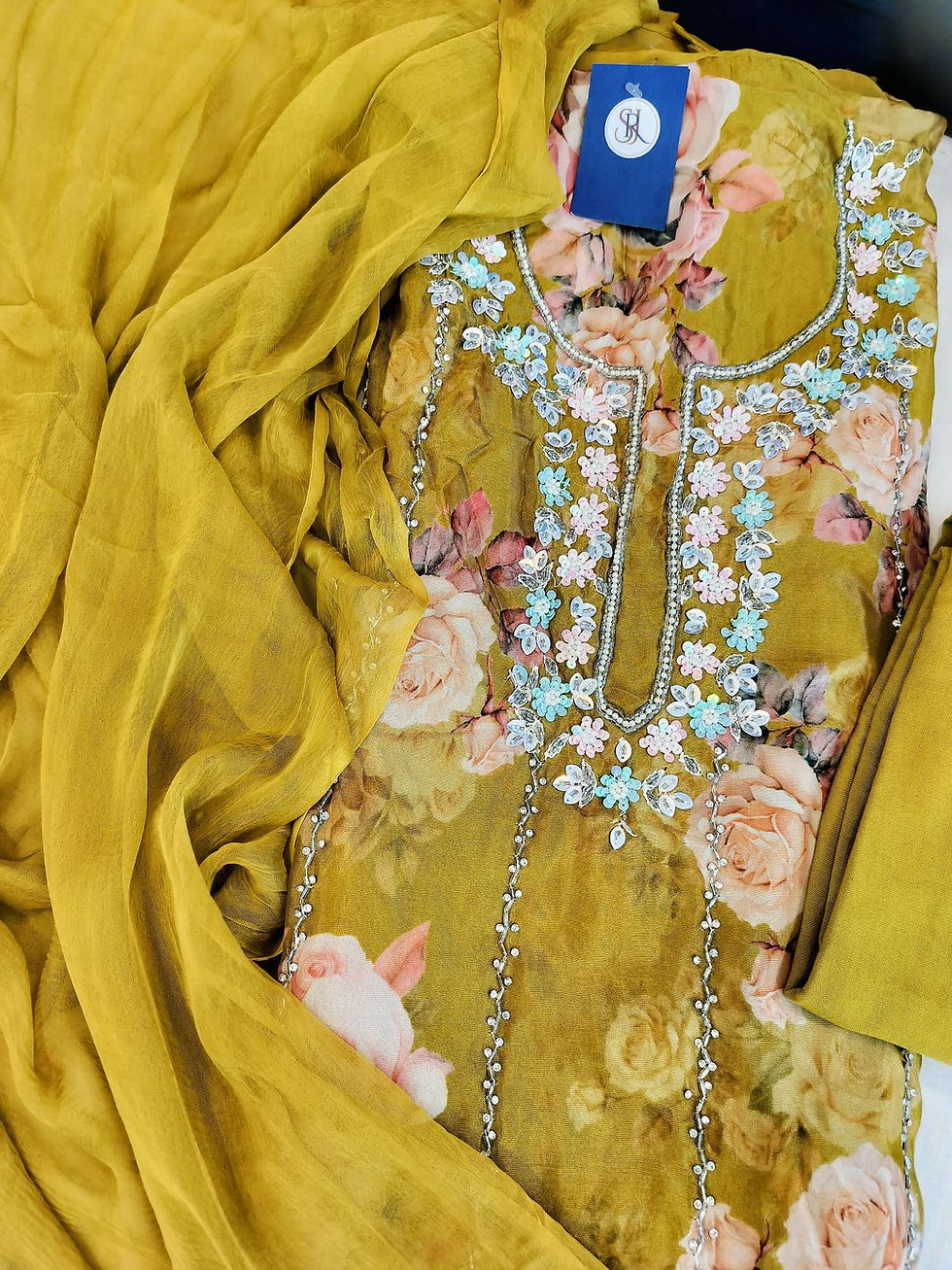 Thumbnail: Printed Organza silk handwork unstitched suit 