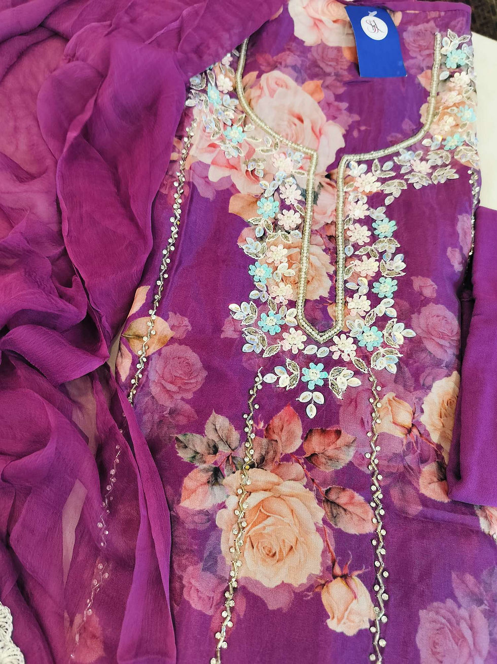 Thumbnail: Printed Organza silk handwork unstitched suit 