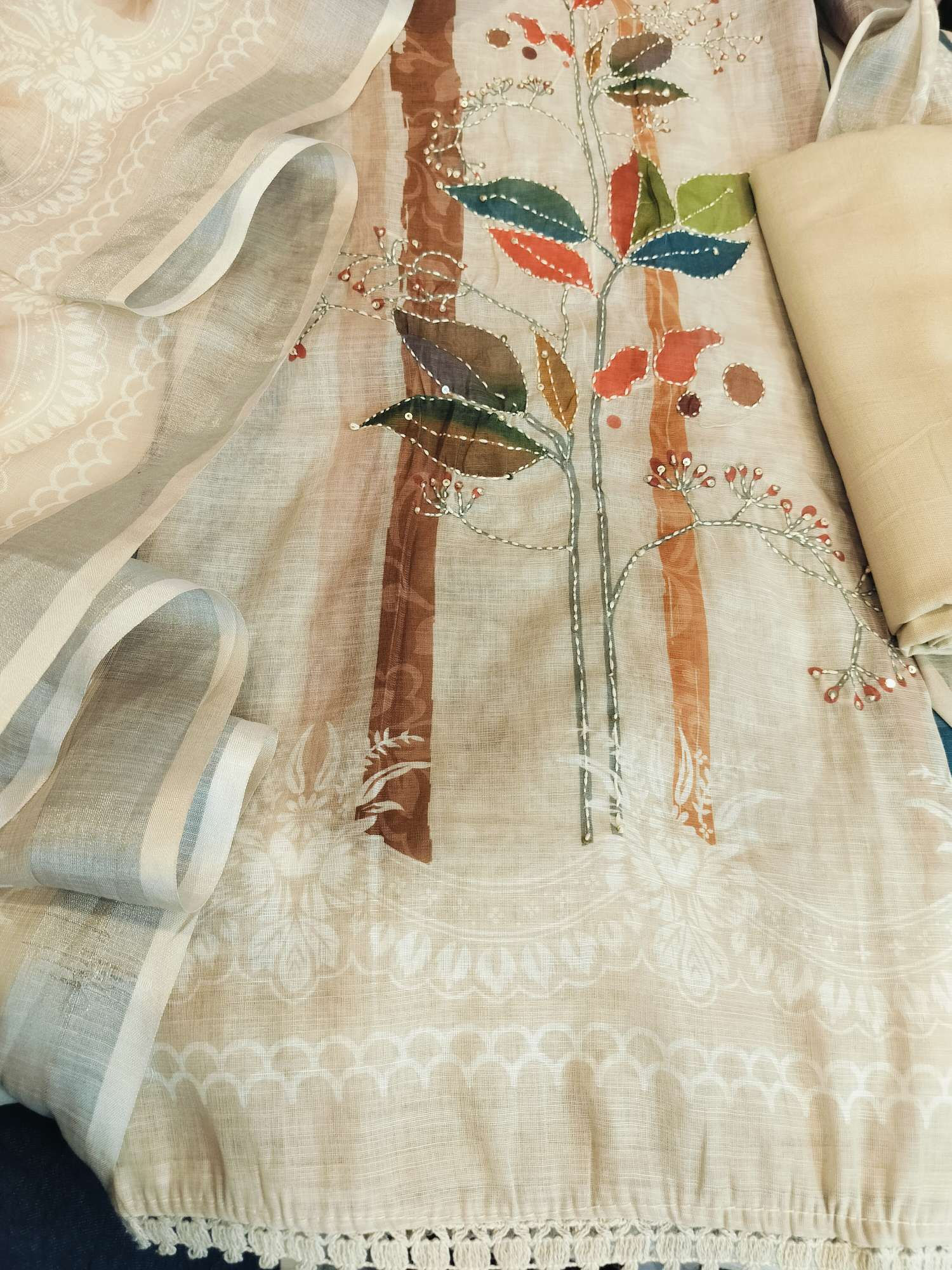 Linen katha work unstitched suit 