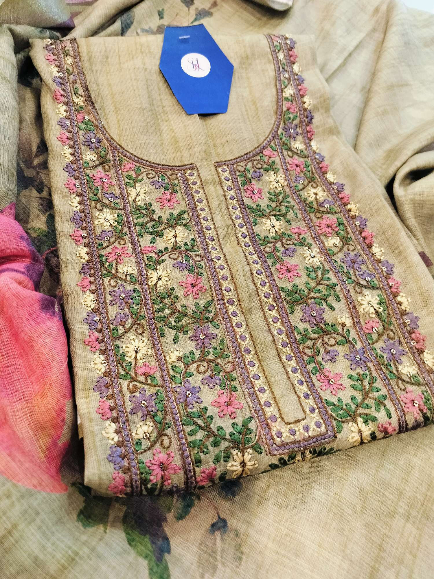 Pure linen embroidered unstitched suit 