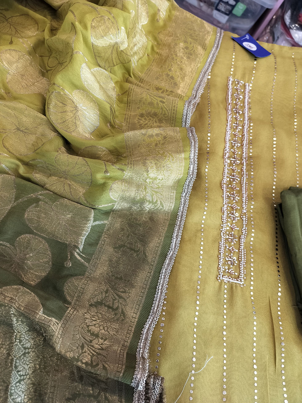 Thumbnail: Hand embroidered real Mukaish work unstitched suit 