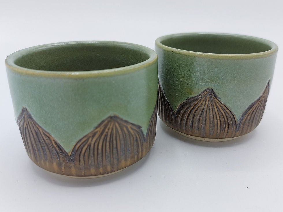 Thumbnail: Pair of Hand Thrown and Glazed Green tea cups in green and bronze