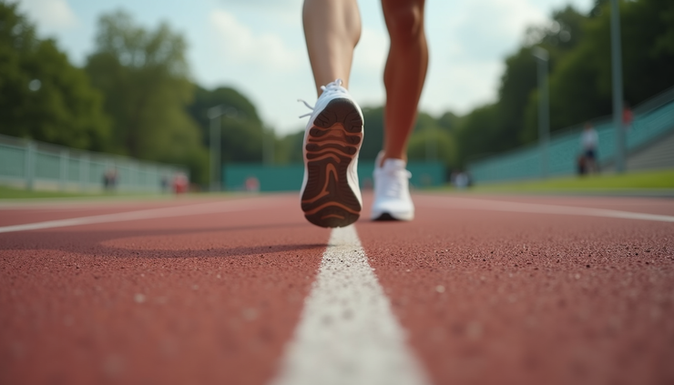 Close-up view of running shoes on a track with a blurred background