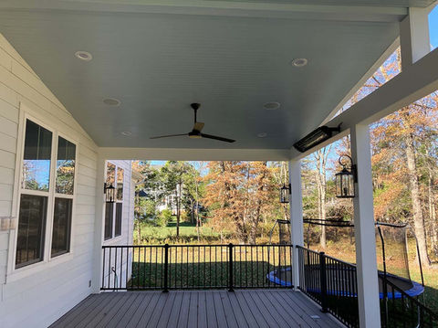 Customized deck with clean lines and light, comfortable feeling. Blue ceiling to compliment the customers style. Offers shade while showcasing the beauty of Northern Virginia Landscape.