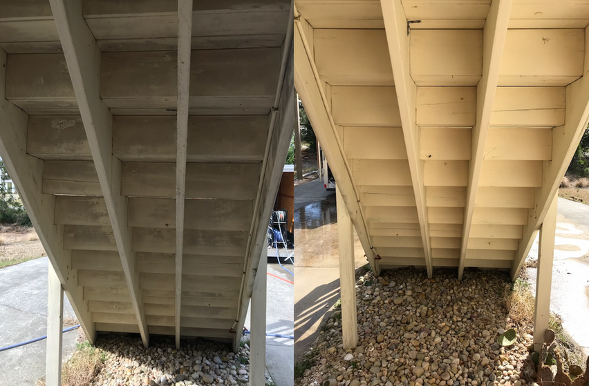 Photo shows decking stairs before and after Residential Power Washing in Northern Virginia by Moore Power Washing.