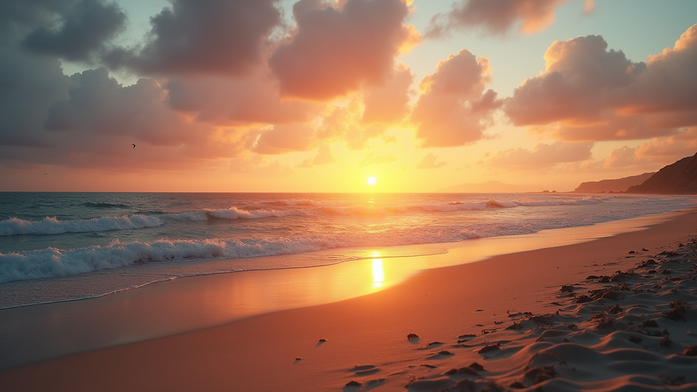Wide angle view of a serene beach at sunset