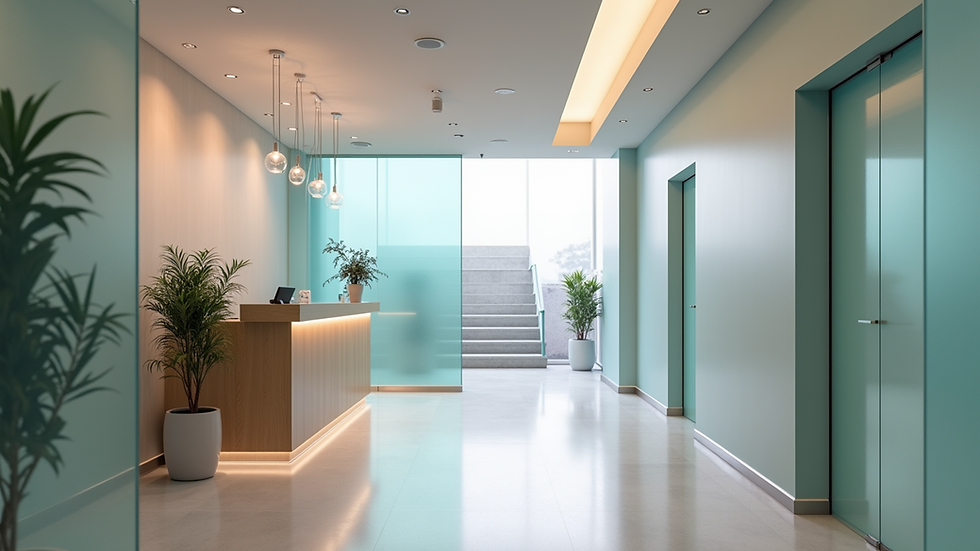 Eye-level view of a modern clinic reception area in Cornwall