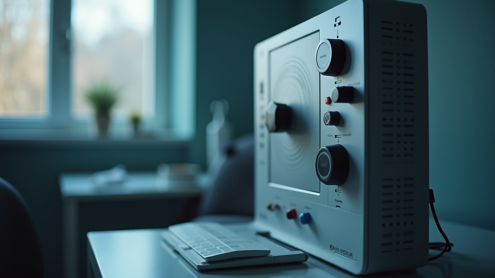 Close-up view of audiometer equipment used for hearing tests