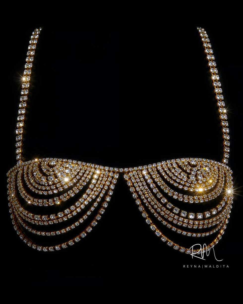 Product shot of the Sandrine Gold Crystal bra that drapes around the bust