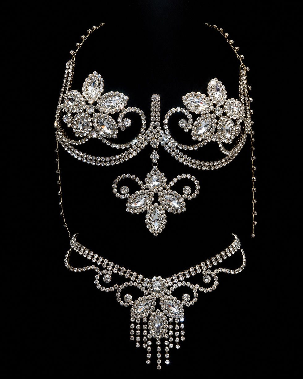 Thumbnail: Mannequin view of the Luxury Crystal Bra In Silver with Floral burlesque design and a matching bottoms