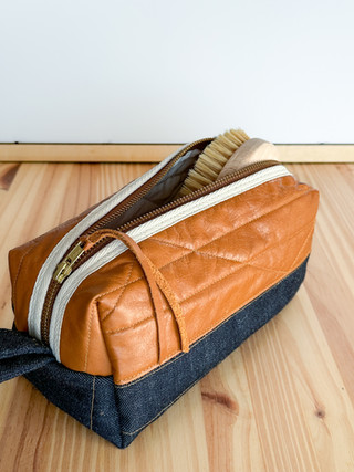 upcycled leather and denim bag
