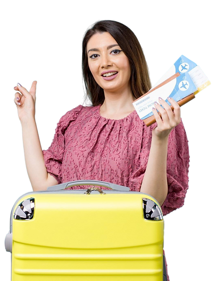 Happy women holding her Visa with Traveling Bag