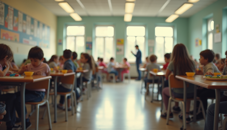 Eye-level view of a French school cafeteria with children eating lunch at tables