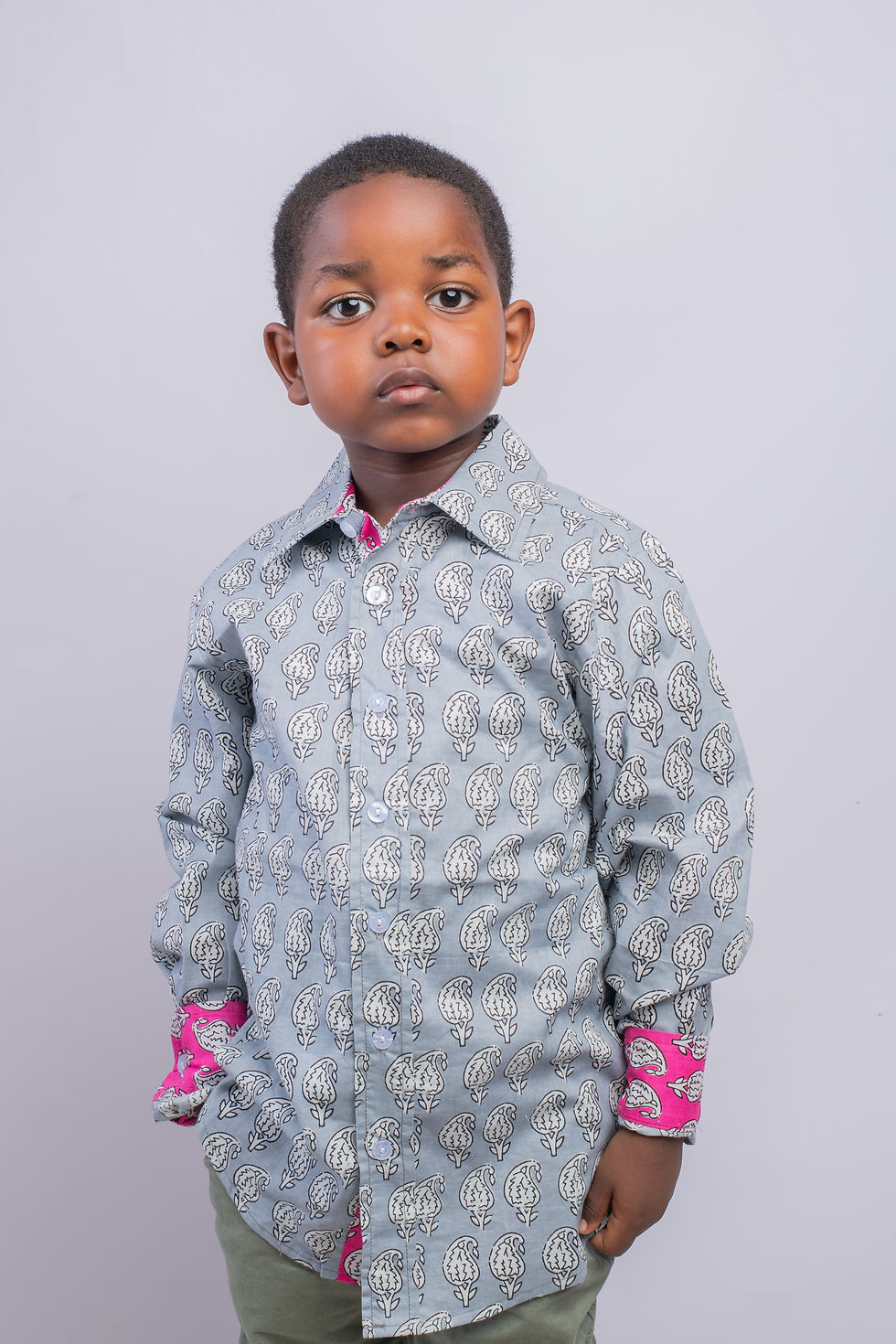 Thumbnail: Kids Indian Cotton Shirts - Leafy - Grey / Pink