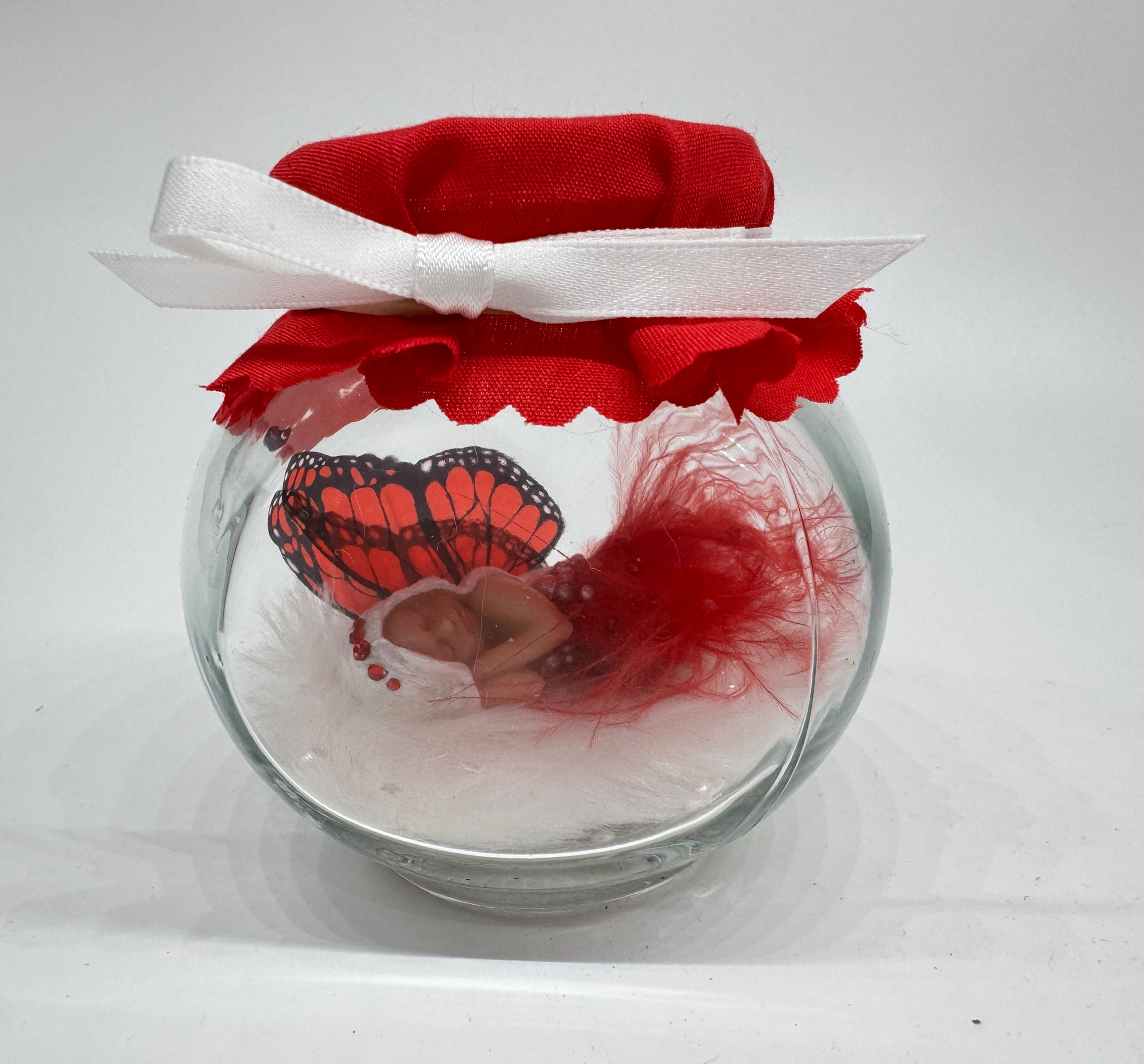  Xmas Starter fairy red / white  pearl feather dress with jar 