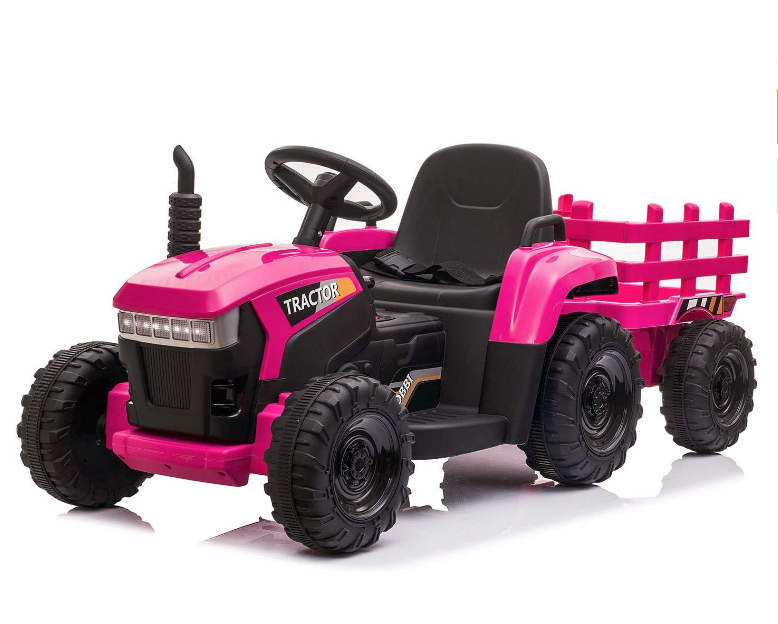 12v Pink Battery-Powered Toy Tractor with Trailer