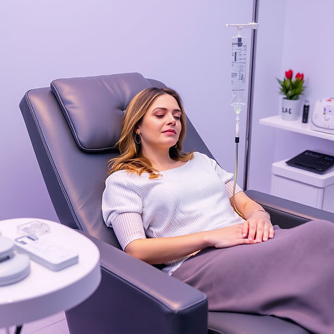 a woman in a medical spa, relaxing in a recliner recieving an IV.jpg
