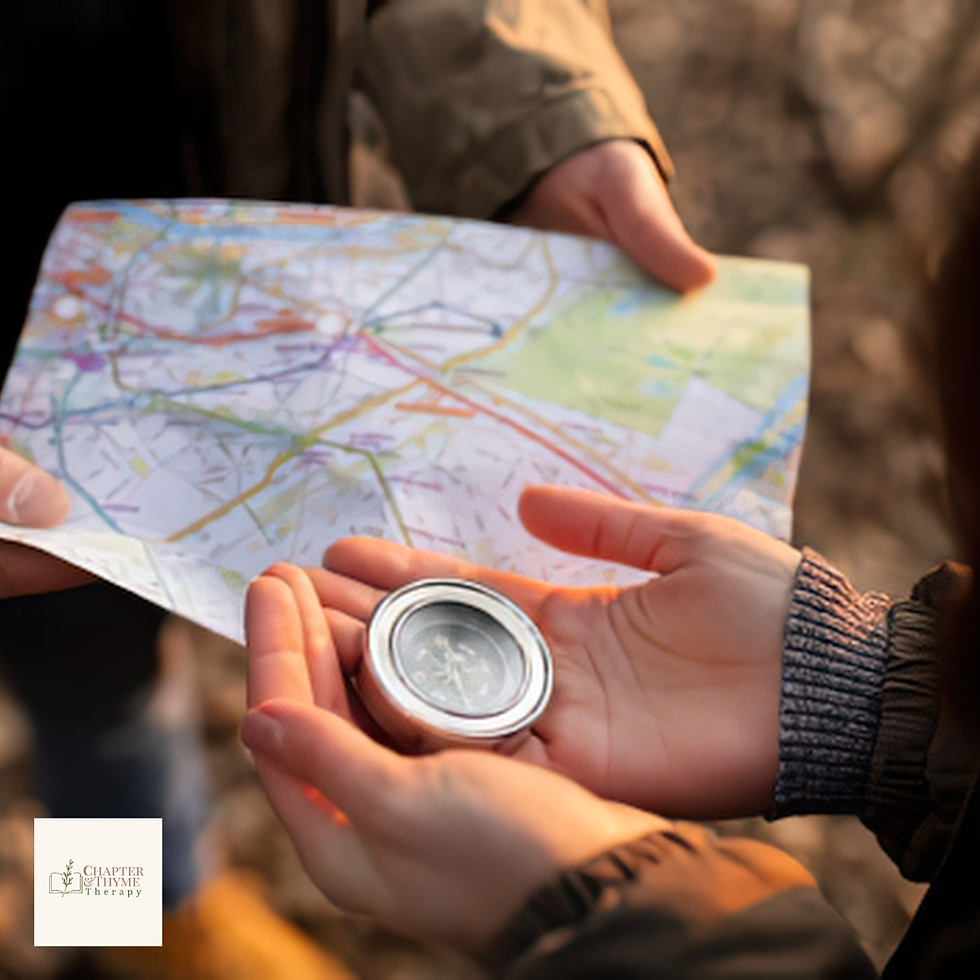 Hands holding a map and a compass in the woods, suggesting navigation or adventure. Sunlight casts a warm glow on the scene.
