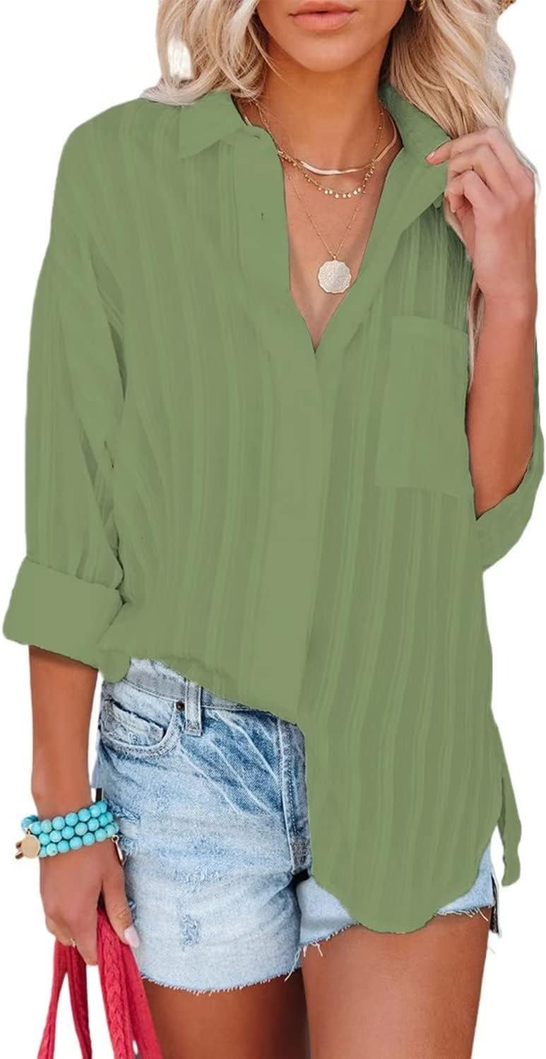Thumbnail: Astylish Womens V Neck Striped Roll up Sleeve Button Down Blouses Top
