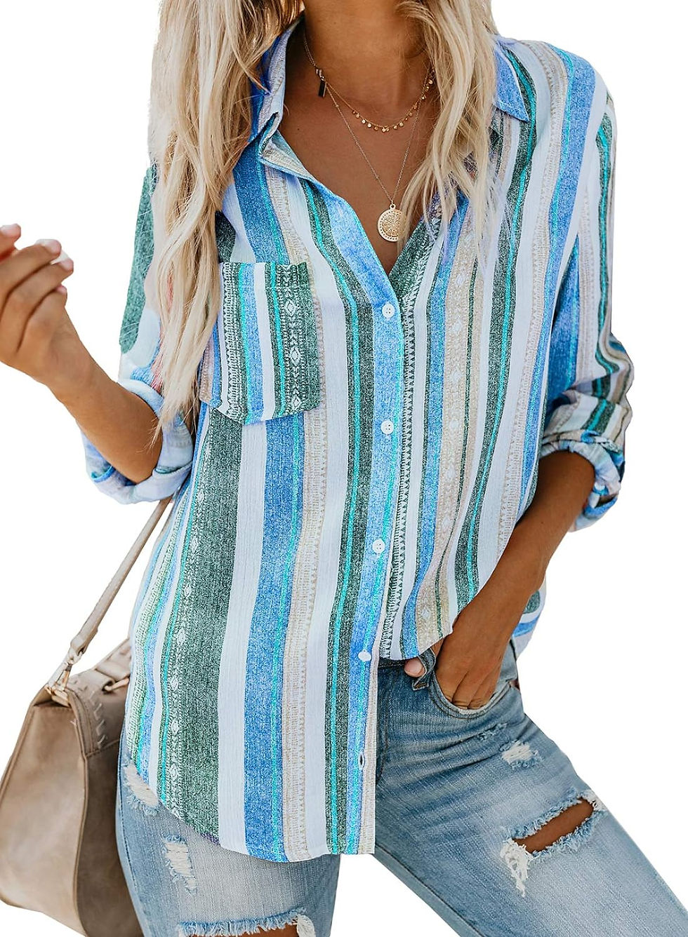 Thumbnail: Astylish Womens V Neck Striped Roll up Sleeve Button Down Blouses Top