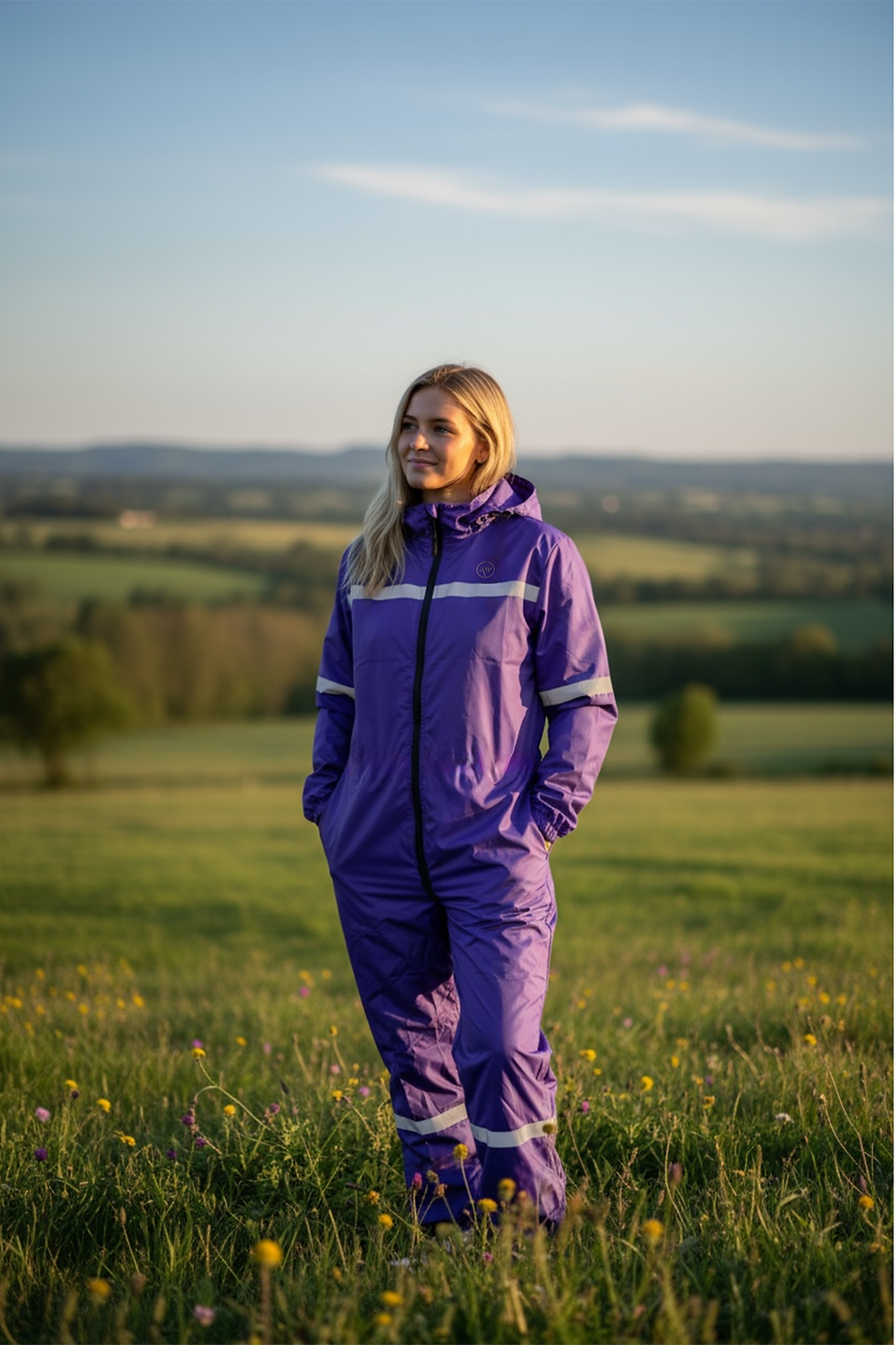 Purple waterproof all weather equestrian suit for horse riders
