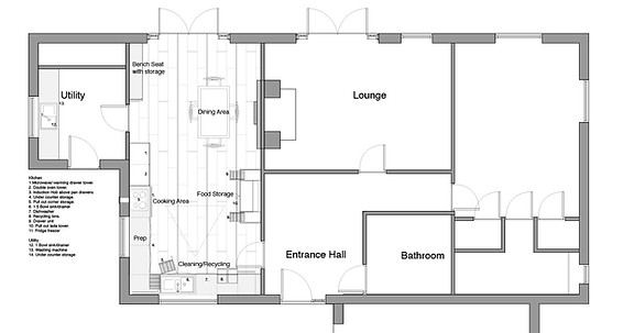 Plan drawing showing layout of kitchen and property