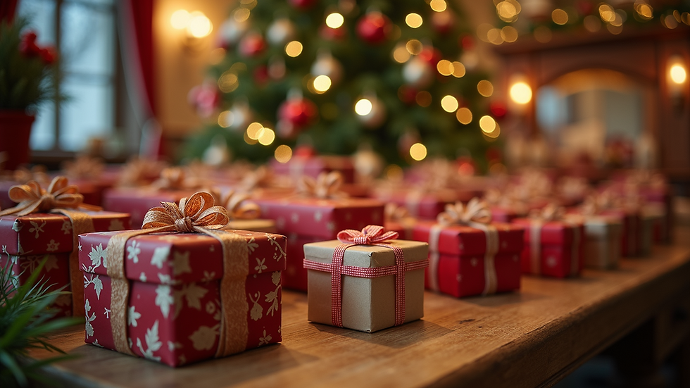 Eye-level view of a festive display showcasing handcrafted seasonal gifts