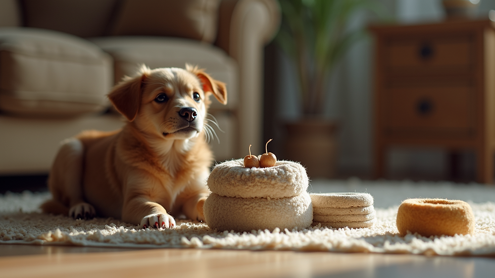 Eye-level view of various handcrafted pet accessories