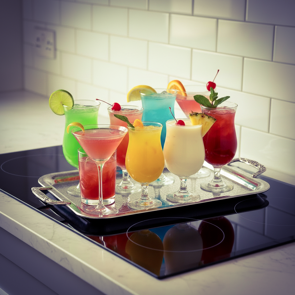 Selection of colorful cocktails and rum punch on a tray.
