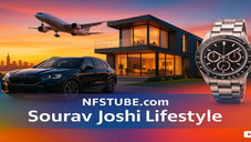 Sourav Joshi Lifestyle 2025 — luxury car, modern house, travel and success elements in NFSTUBE banner
