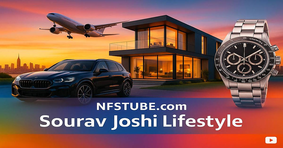 Sourav Joshi Lifestyle 2025 — luxury car, modern house, travel and success elements in NFSTUBE banner