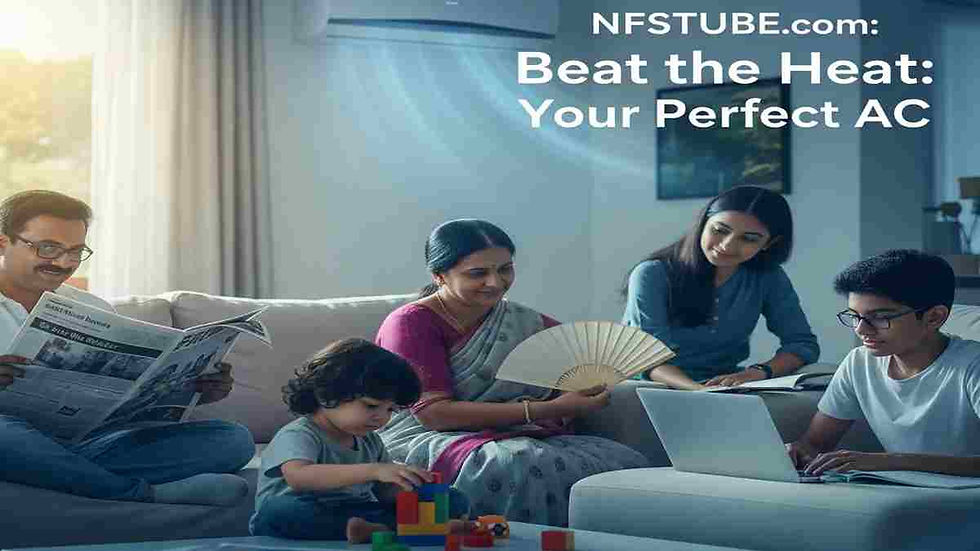 Indian family relaxing comfortably in a cool home with a modern air conditioner during summer.