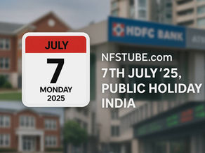 Calendar graphic showing July 7, 2025 (Monday) with blurred background of Indian schools, banks, and stock market buildings, highlighting public holiday status in India.