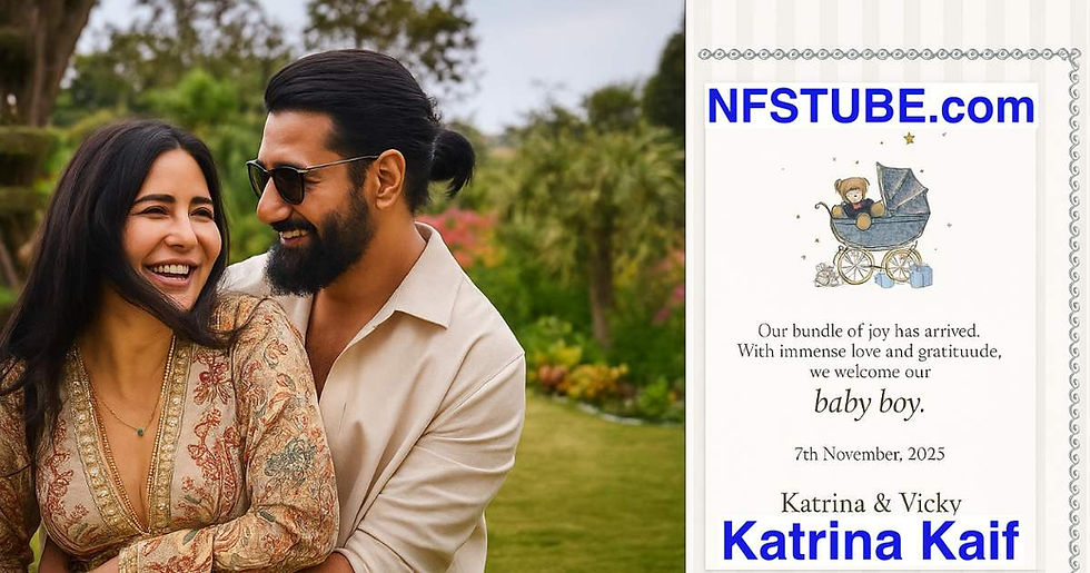Katrina Kaif and Vicky Kaushal, featuring a joyful couple moment and a baby announcement card dated November 7, 2025, symbolizing their new journey as parents.