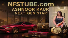 Stylized NFSTUBE.com banner featuring Ashnoor Kaur: Next-Gen Star, with a magenta luxury car, designer handbag, golden wristwatch, and stacked fashion and travel books in a glossy luxury collage.
