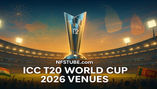 ICC T20 World Cup 2026, featuring a brightly lit cricket stadium at dusk, the glowing T20 World Cup trophy in the foreground, and symbolic map highlights of India and Sri Lanka to represent host cities.