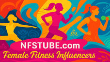 Modern vibrant banner showing dynamic female fitness influencers silhouettes with bright colors and overlay text 'NFSTUBE.com' and 'Female Fitness Influencers