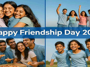 Group of happy Indian friends celebrating Friendship Day 2025—hugging, laughing, eating pizza, and playing outdoors in warm natural daylight with a festive mood.