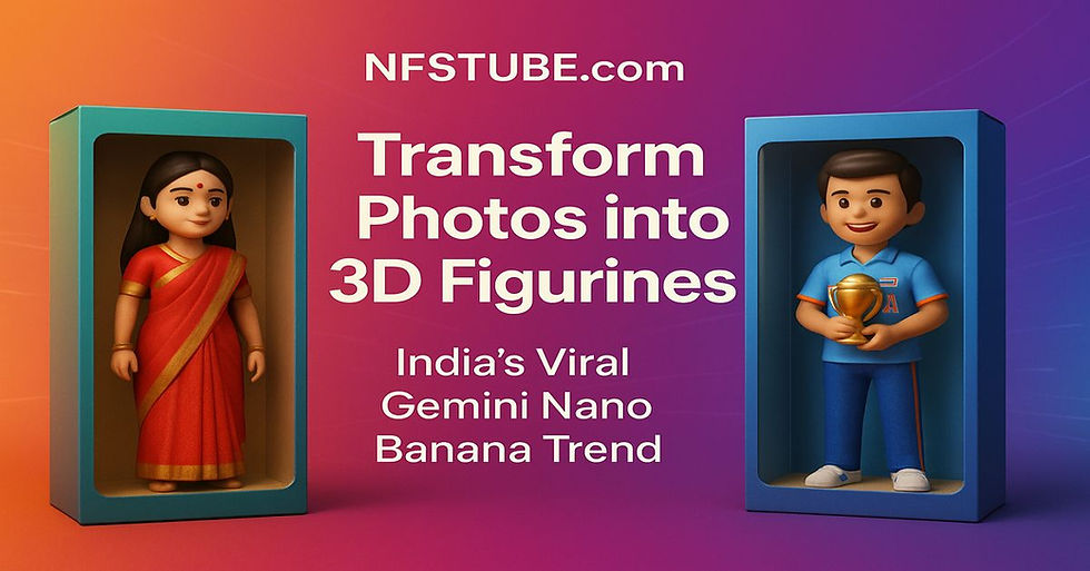 Gemini Nano Banana AI figurines — Bollywood saree doll and cricket fan with trophy inside toy-box packaging, NFSTUBE.com viral trend banner.