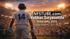 Vaibhav Suryavanshi biography image showing a young batsman from the back entering a packed cricket stadium- NFSTUBE
