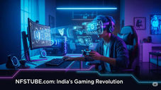 A person immersed in futuristic gaming in a modern home, showcasing advanced gaming technology.